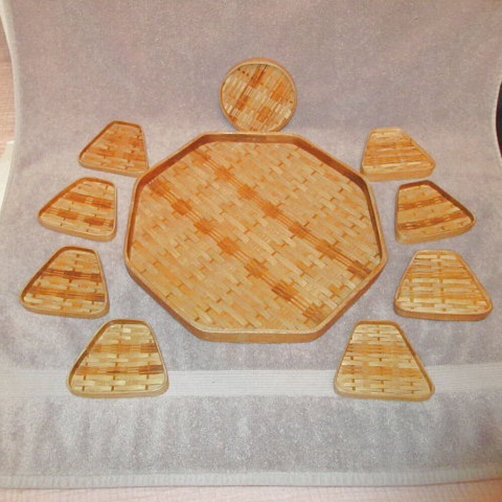 Vtg Woven Bamboo Rattan Wicker Serving Tray & Coasters 11 Piece Tradwife MCM 70s